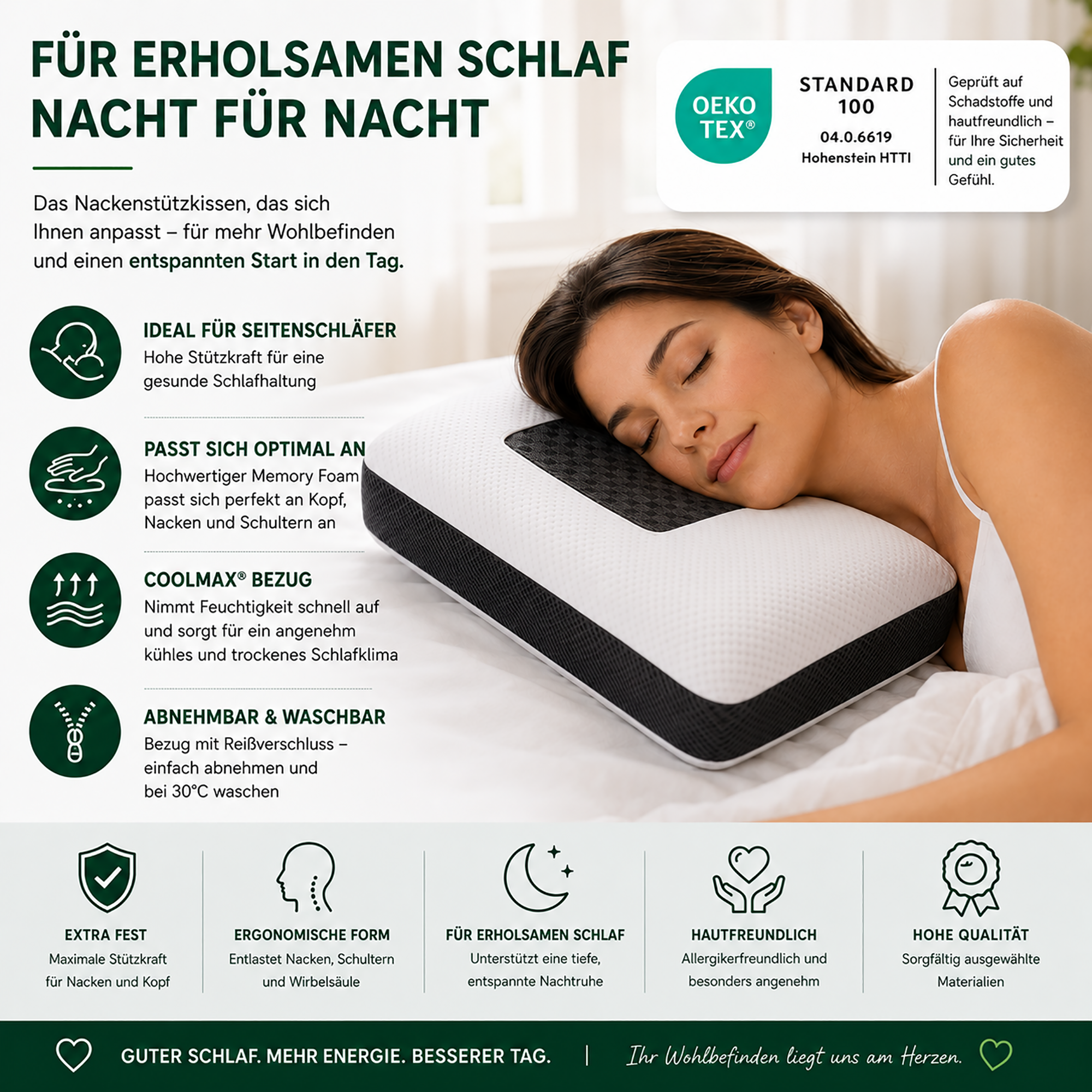 KNERST® Nackenstützkissen - Memory Foam Kissen mit Carbon & Coolmax® Bezug