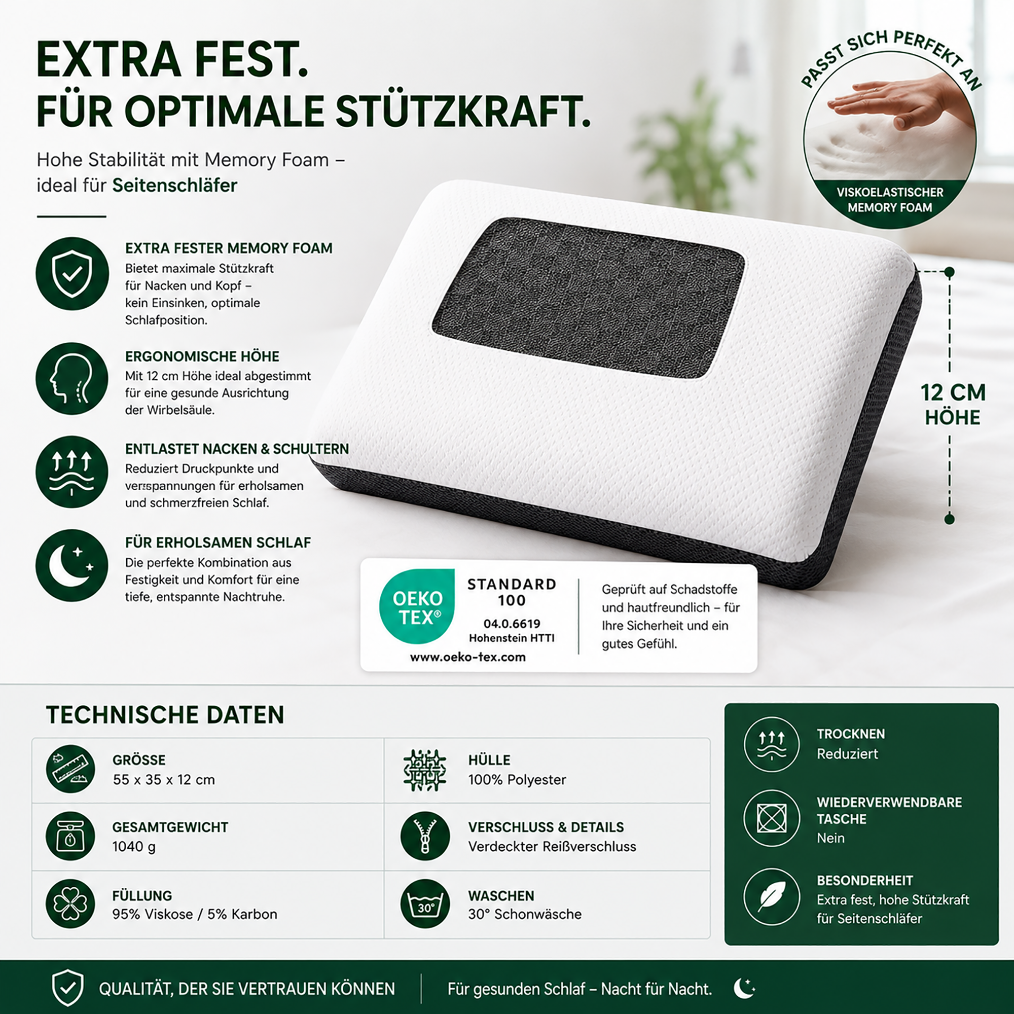 KNERST® Nackenstützkissen - Memory Foam Kissen mit Carbon & Coolmax® Bezug